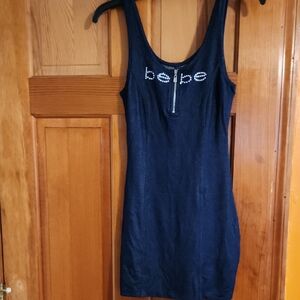 bebe Navy Rhinestone Logo Tank Dress with Front Zipper